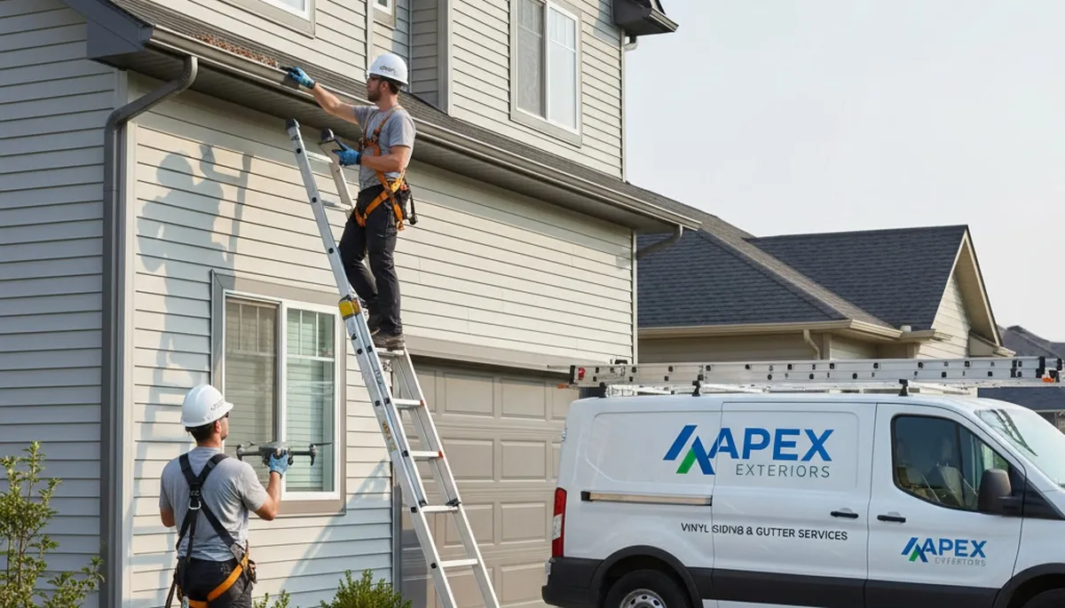 Technician performing gutter inspection on vinyl siding home in Pittsburgh, PA