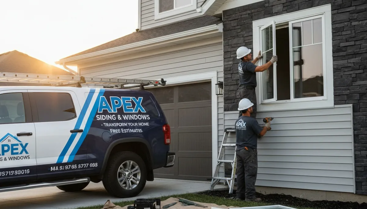 Technician repairing vinyl window frame on Pittsburgh, PA home exterior by Next Level Exteriors